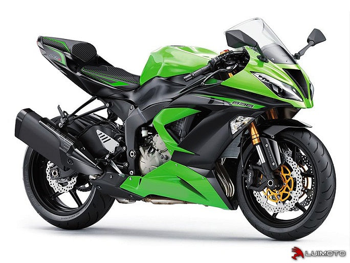 LuiMoto Team Kawasaki Seat Cover for 2013-2015 Kawasaki ZX-6R 636 - Suede/Cf Black/Lime Green