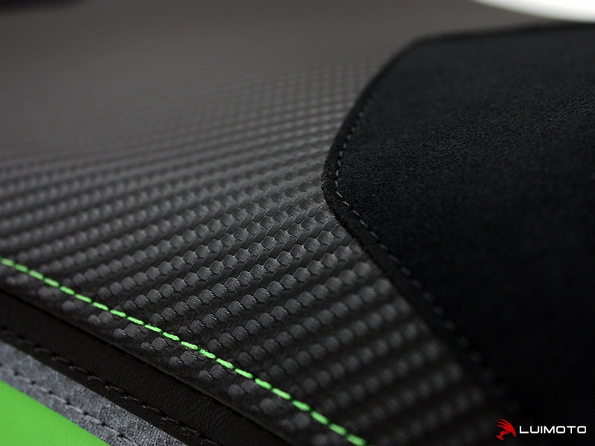 LuiMoto Team Kawasaki Seat Cover for 2013-2015 Kawasaki ZX-6R 636 - Suede/Cf Black/Lime Green