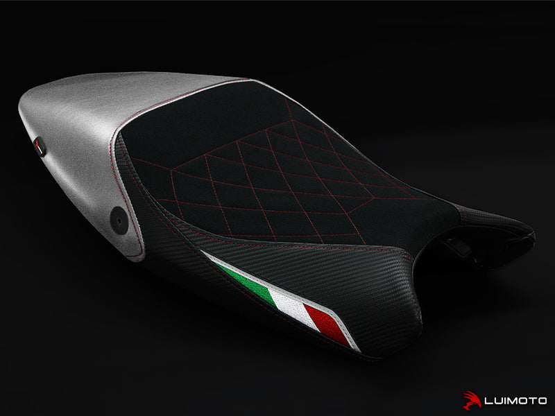 LuiMoto Diamond Edition Seat Cover for Ducati Monster 696/796/1100 - Suede/Cf Black/Silver (RED Diamond Stitching)