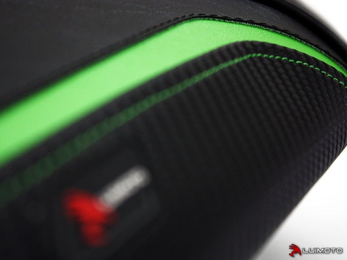 LuiMoto Team Kawasaki Seat Cover for 2013-2015 Kawasaki ZX-6R 636 - Suede/Cf Black/Lime Green