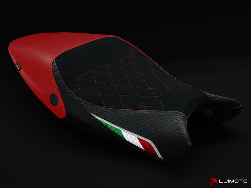 LuiMoto Diamond Edition Seat Cover for Ducati Monster 696/796/1100 - Suede/Cf Black/Red - Red Diamond Stitching